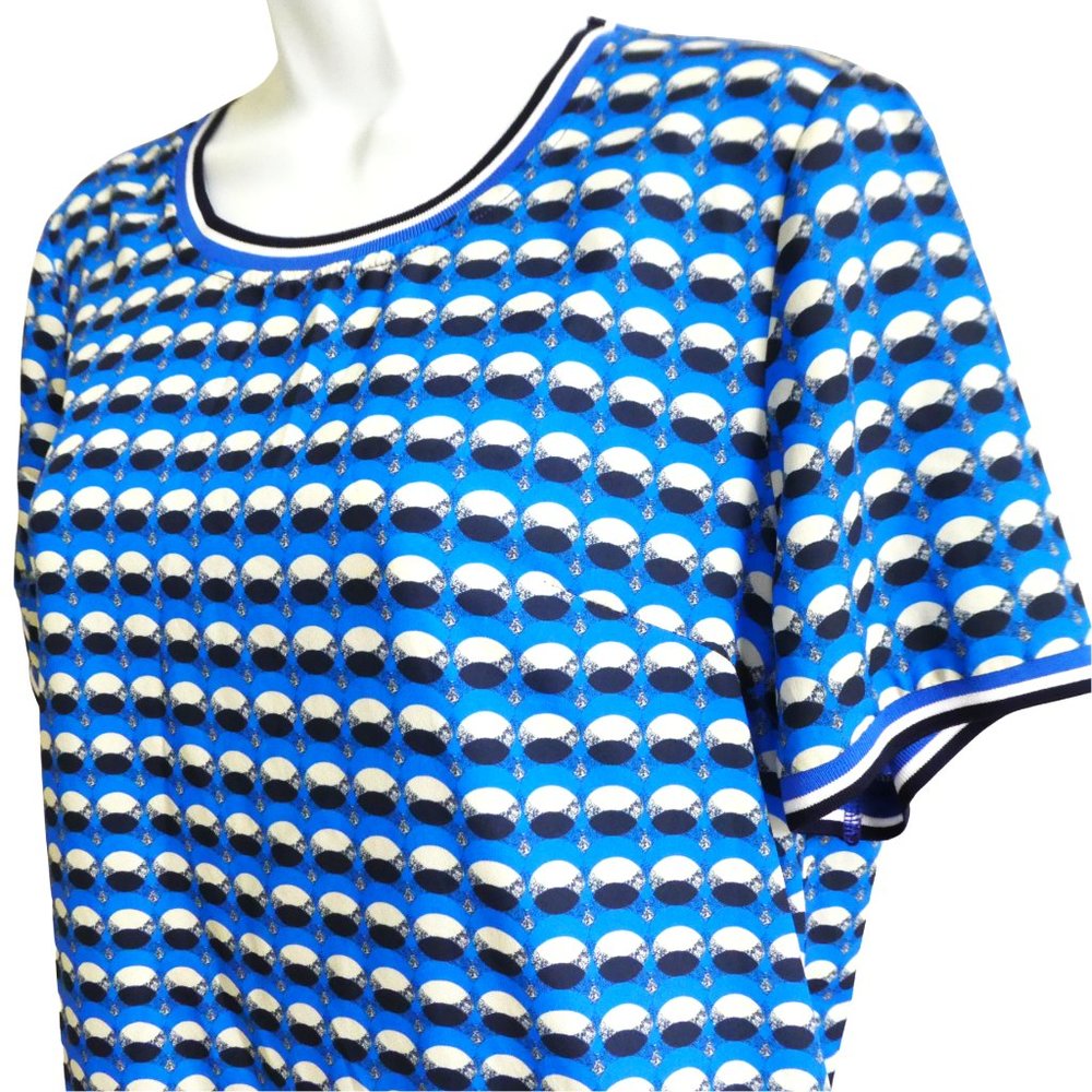 Dior SiLK Blue Printed Dress Knit Crewneck Cuffs Ruffle Hem Sporty Stretch Italy - Picture 5 of 7